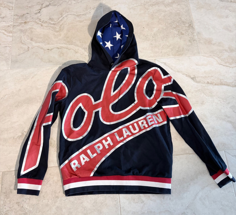 Vintage Polo Ralph Lauren Huge Logo Sweatshirt Pockets Lined Hood Size M